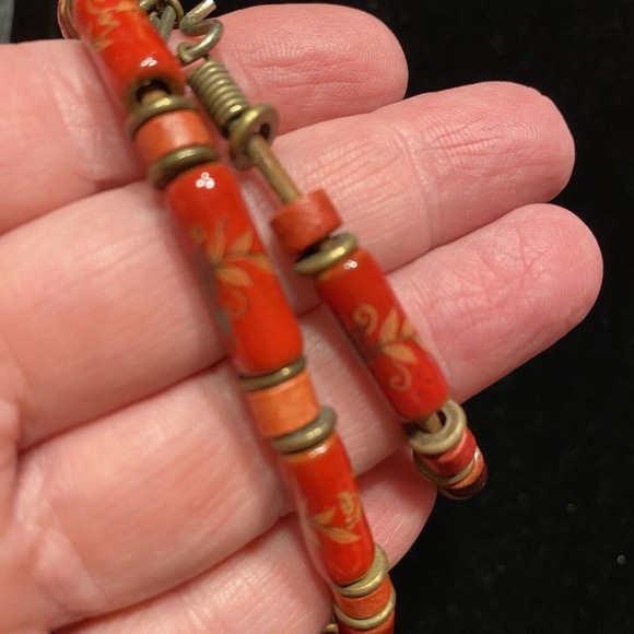 Mod Burnt Orange Beaded Necklace Stone Beads Boho Organic Single Loop Artisan - Picture 6 of 6